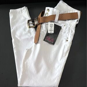 SKA STUDIO Women's High Waist White Stretch Skinny Pants with Belt 11 US 16 Col.
